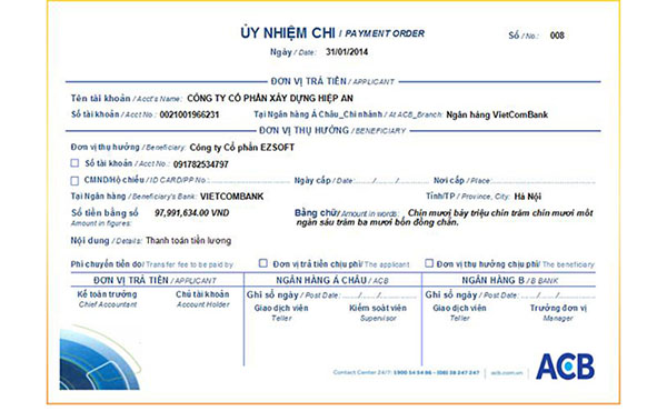 Mẫu giấy ủy nhiệm chi của ngân hàng ACB Mẫu giấy ủy nhiệm chi của ngân hàng ACB