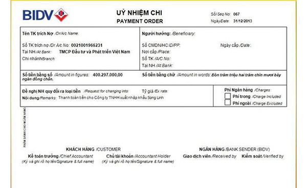 Mẫu giấy ủy nhiệm chi ngân hàng Sacombank