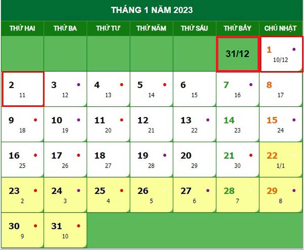 Lịch nghỉ tết dương lịch 2023
