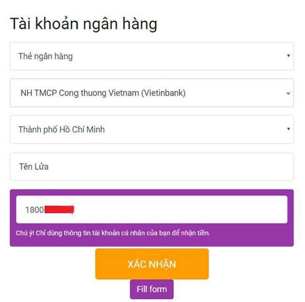 Điền Thông Tin Tài Khoản Ngân Hàng